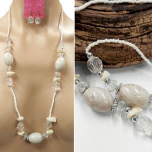 S108 White Marbled Stone & Crystal Beaded Necklace Earring Set